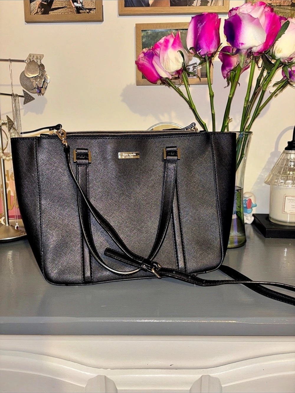 Kate Spade Black Leather Tote Bag Crossbody Authentic EUC